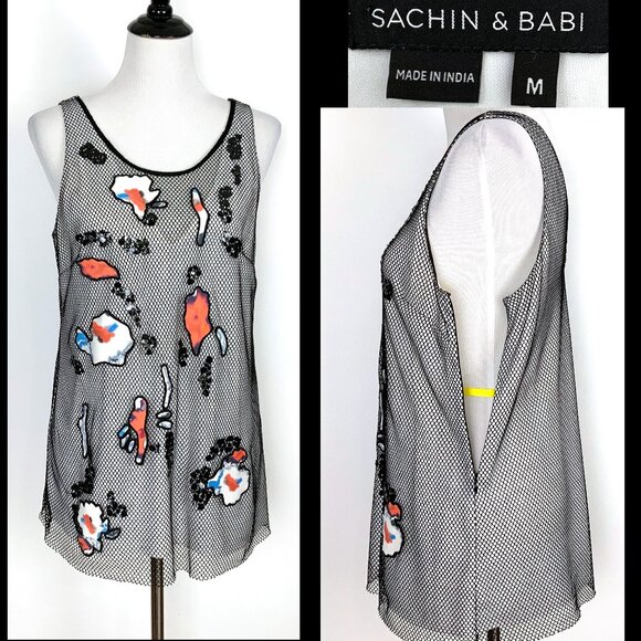 Sachin + Babi Tops - Sachin + Babi Black Mesh Sleeveless Top Abstract Patches & Sequins Medium